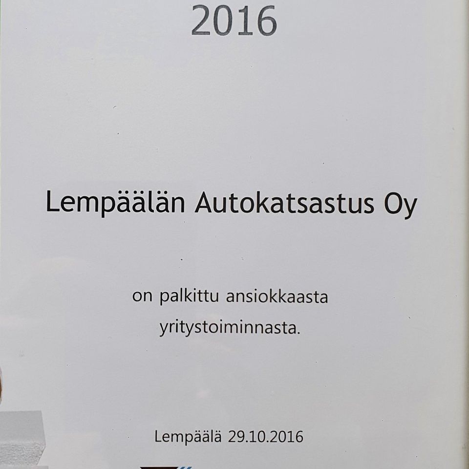 Vuoden yrittäjä 2016 Lempäälän Autokatsastus Oy