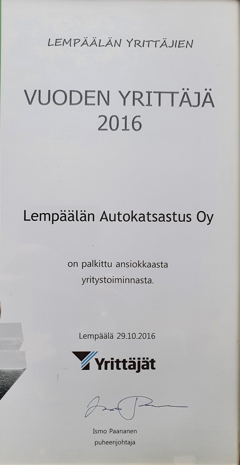 Vuoden yrittäjä 2016 Lempäälän Autokatsastus Oy